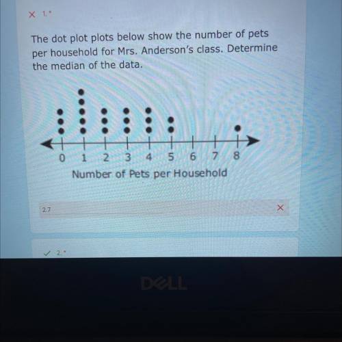 The dot plot plots below show the number of pets

per household for Mrs. Anderson's class. Determi
