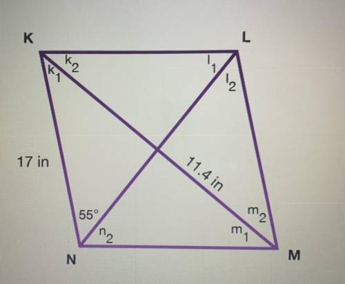 What is the area of rhombus KLMN
A. 386.6 in2
B.289 in2
C.287.3 in2
D.467.4 in2