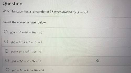 Which function has a remainder of 18 when divided by (x-2)?