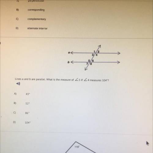 Lines a and b are parallel what is the measure of 5 it 4 measures 104 degrees