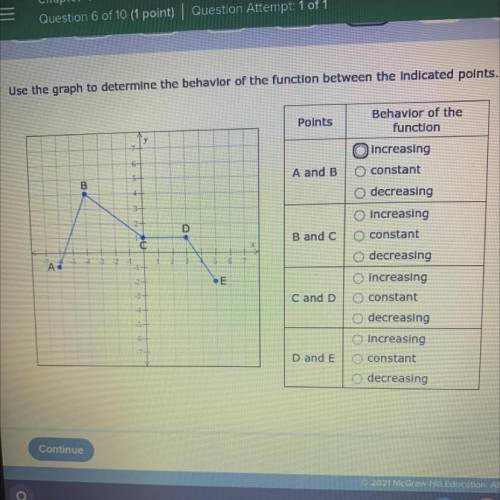 Points

Ber
On the
function
A and B
B and c
increasing
O constant
O decreasing
O increasing
O cons