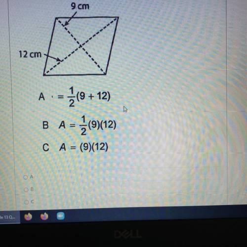 Which of the following equations could be used to find the area of the rhombus below?