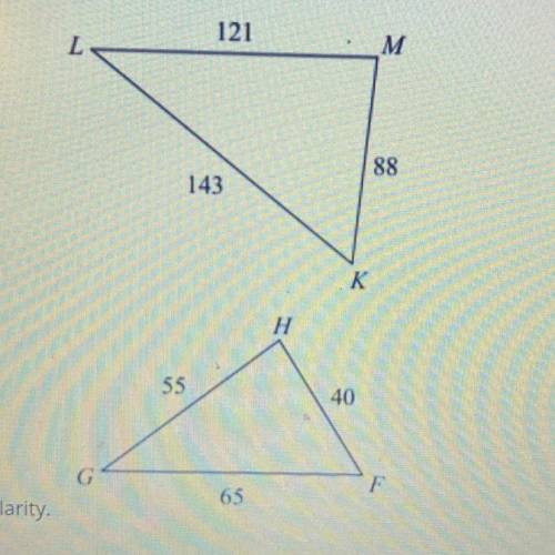 Classify these similar triangles as an example of AA similarity, SSS similarity, or SAS similarity.