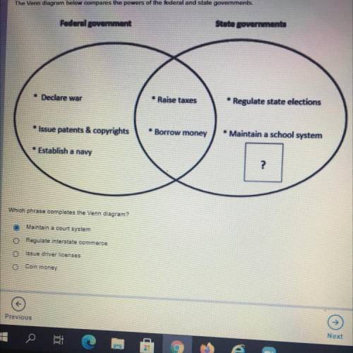 The Venn diagram below compares the powers of the federal and state governments.

Federal governme