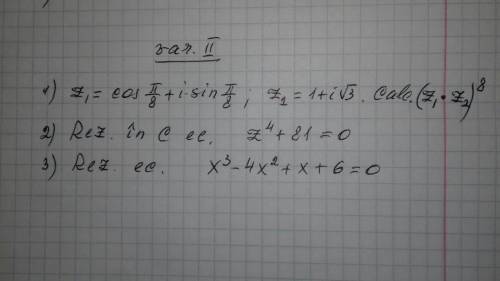 Can you help me with these exercises

1. z1=cos*pi/8+i*sin*pi/8;
z2=1+i √3
(z1*z2)^8=?
2.Solve in