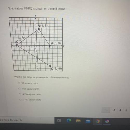 Quadrilateral MNPO is shown on the grid below.

y
N(1,6)
P(5,0)
M-8, 0)
X
(5.-8)
What is the area,