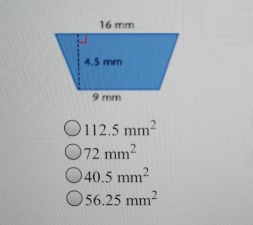 18. What is the area of the trapezoid? A. 112.5 mm2 B. 72 mm C. 40.5 mm2 D. 56.25 mm2​