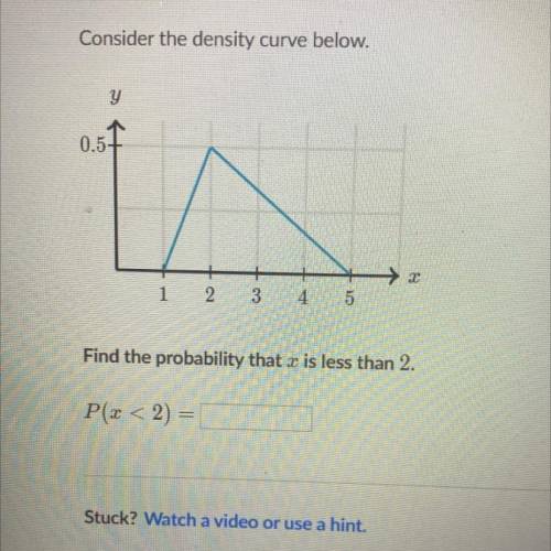 Consider the density curve below.

y
0.51
in
2
1
2
5
Find the probability that is less than 2.
P(x