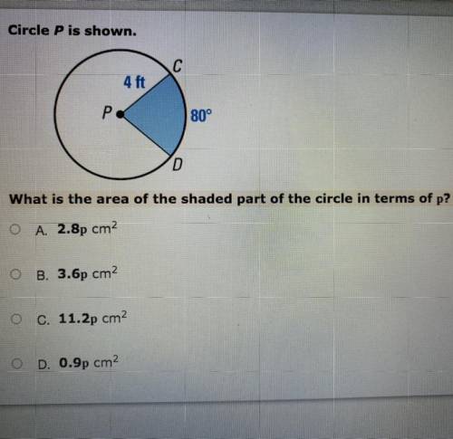 Circle P is shown.

С
4 ft
Р
80°
D
What is the area of the shaded part of the circle in terms of p