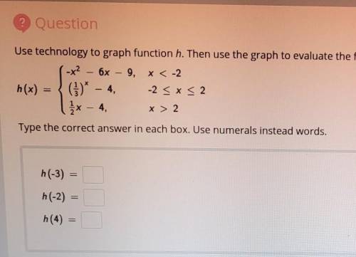 Use technology to graph function h. Then use the graph to evaluate the function.

h(-3) =h(-2) =h(