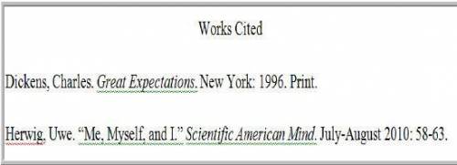 Determine what is missing from the works cited below.

A. the words “Works Cited”
B. the publisher