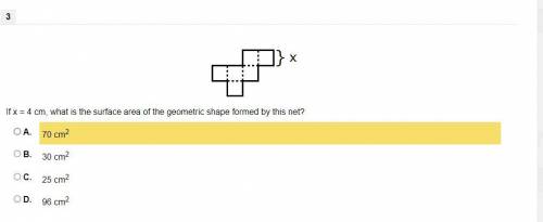 If x = 4 cm, what is the surface area of the geometric shape formed by this net?

A. 
70 cm2
B. 
3