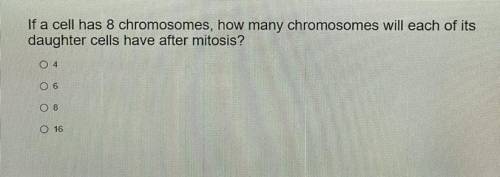 ￼ If a cell has 8 chromosomes, how many chromosomes will each of its daughter cells have after mito