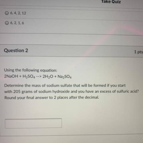 Using the following equation:

2NaOH + H2SO4 --> 2H2O + Na2SO4
Determine the mass of sodium sul