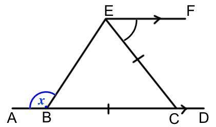 A, B, C, & D lie on a straight line. AD is parallel to EF.BC = CE.∠ FEC = 76°.Work out x, expla