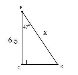 In ΔEFG, the measure of ∠G=90°, the measure of ∠F=47°, and FG = 6.5 feet. Find the length of EF to