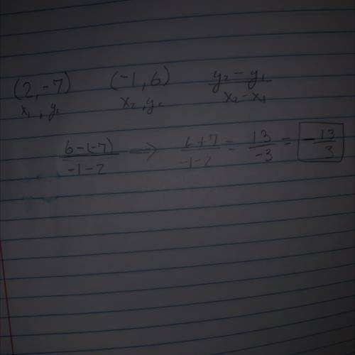 Find the slope given the points (2,-7)and(-1,6)​