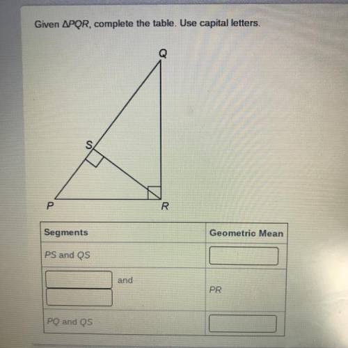 Given APQR, complete the table. Use capital letters.
CAN SOMEONE PLEASE HELP ME WITH THIS!!!