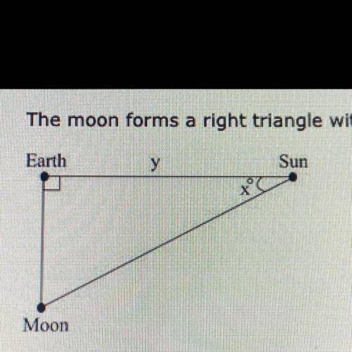 The moon forms a right triangle with the Earth and the sun during one of its phases, as shown below