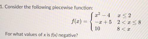 Consider the following piece wise. For what value of x is f(x) negative? 
Thank you