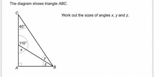 Look at triangle ABC

ABD is an isosceles triangle where AB=AD 
work out sizes of angle x,y and z
