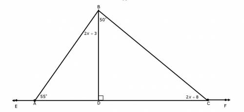 Write an equation that could be used to find the value of x using the interior angles of ∆ABD, then