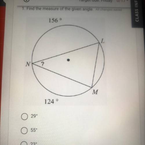 1. Find the measure of the given angle.
156°
L
N
?
M
124