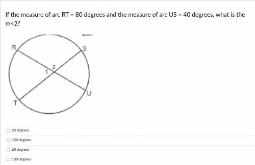 If the measure of arc RT = 80 degrees and the measure of arc US = 40 degrees, what is the m<2?