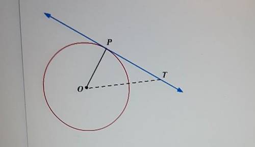 Line PT is tangent to the circle at point P and O is the center of the circle. What is the measure