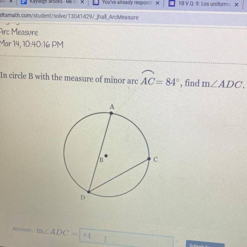 In circle B with the measure of minor arc AC= 84°, find m