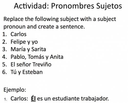 Actividad: Pronombres sujetos

Replace the following subject with a subject pronoun and create a s