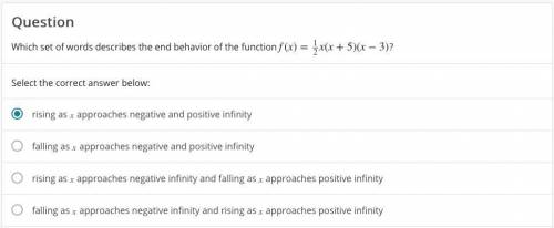 Which set of words describes the end behavior of the function f(x)=1/2x(x+5)(x−3)?