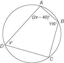 ​Quadrilateral ABCD​ is inscribed in this circle.
What is the measure of angle A?