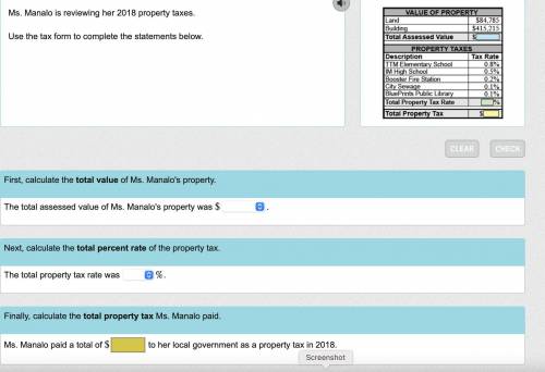 Help me pls

Ms. Manalo is reviewing her 2018 property taxes.
Use the tax form to complete the sta