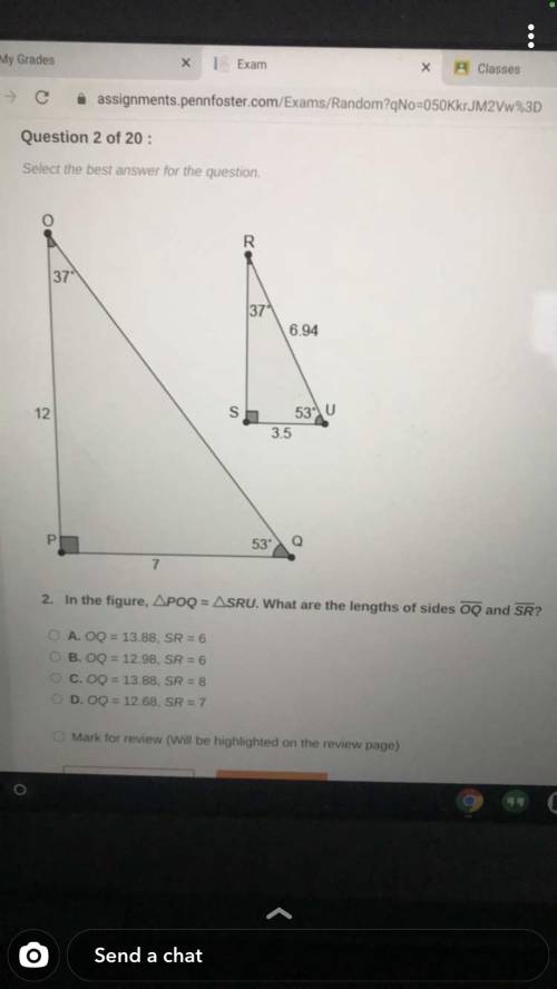 In the figure POQ= SRU, what are the lengths of sides OQ and SR?