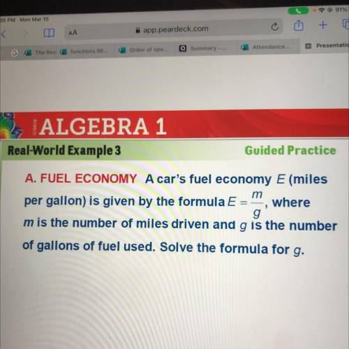 M

A. FUEL ECONOMY A car's fuel economy E (miles
per gallon) is given by the formula E = where
g
m