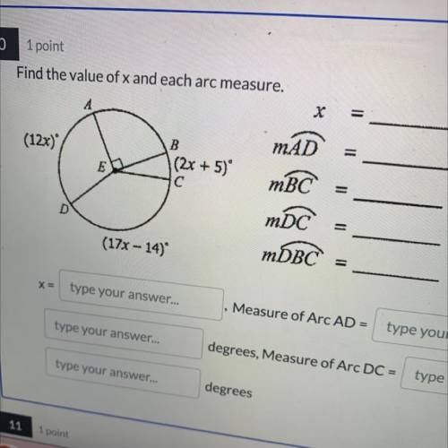 Find the value of x and each arc measure
