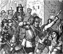 The image shows the Rebellion of 1641.

The Rebellion of 1641. Soldiers with swords are attacking