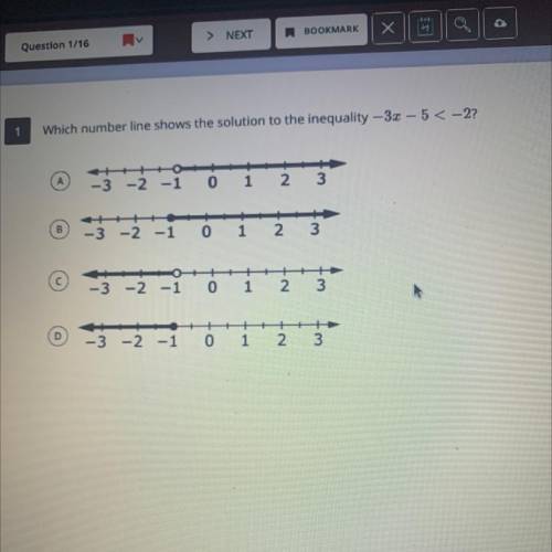 Which number line shows the solution to the inequality -3x - 5 < -2 ?