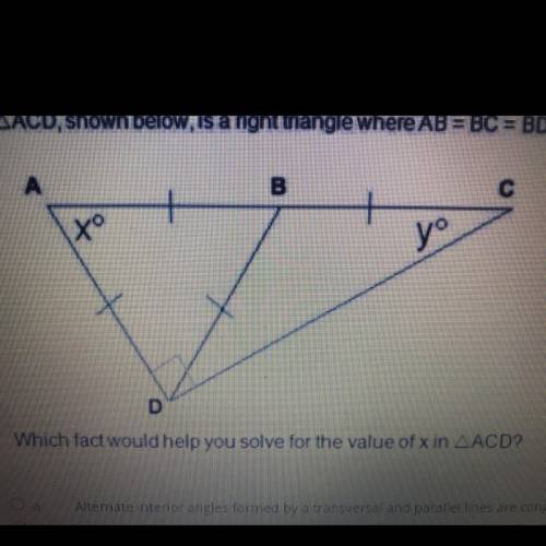 Acd, shown below, is a right triangle where AB=BC=BD=DA

Which fact would help you solve for the v