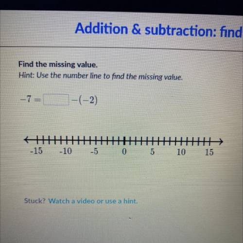 Find the missing value.

Hint: Use the number line to find the missing value.
-7
-(-2)
-15 -10
-5