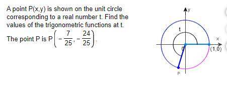 A point​ P(x,y) is shown on the unit circle corresponding to a real number t. Find the values of th