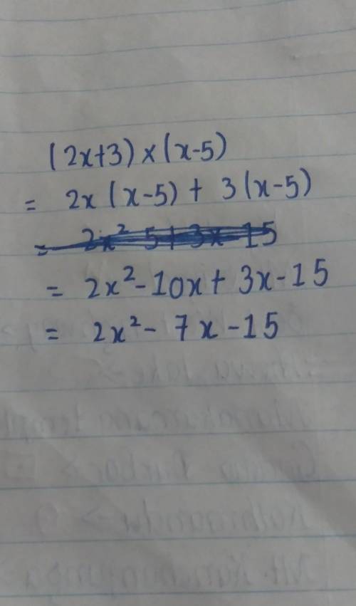 Express the product of (2x + 3) and (x - 5)