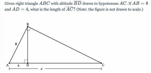 Given right triangle ABC with altitude BD drawn to hypotenuse AC. If AB=8 and AD=4, what is the len
