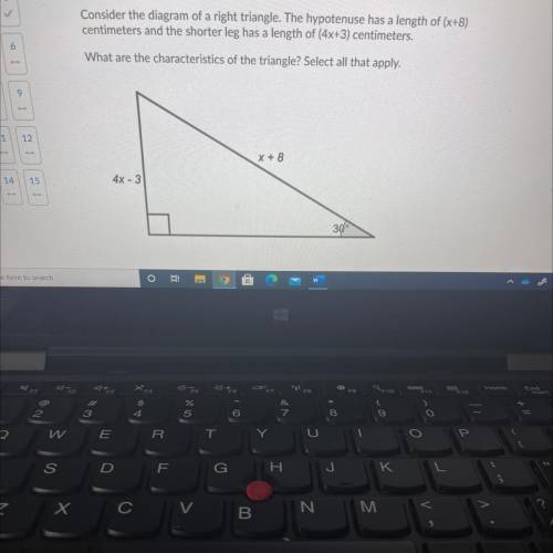 Consider the diagram of a right triangle. The hypotenuse has a length of (x+8)

centimeters and th