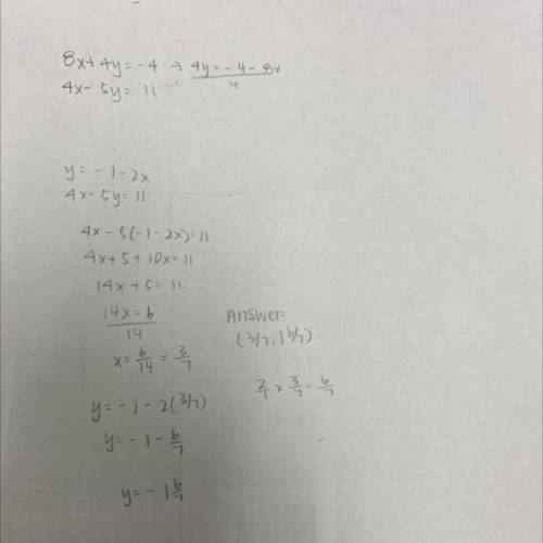 Find the solution of the system of equations.
8x + 4y = -4
4x - 5y = 11