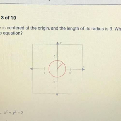 This circle is centered at the origin, and the length of its radius is 3. What is

the circle's eq