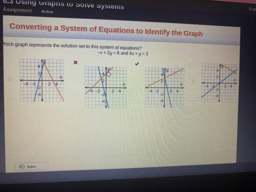 Which graph represents the solution sent to this system of equations?

-x+2y=6 and 4x+y=3
O graph