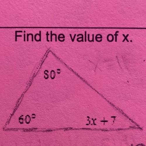 Find the value of x.
SO
3x + 7
3xt7H60t60=180
3x+ 147=180
- 147
(