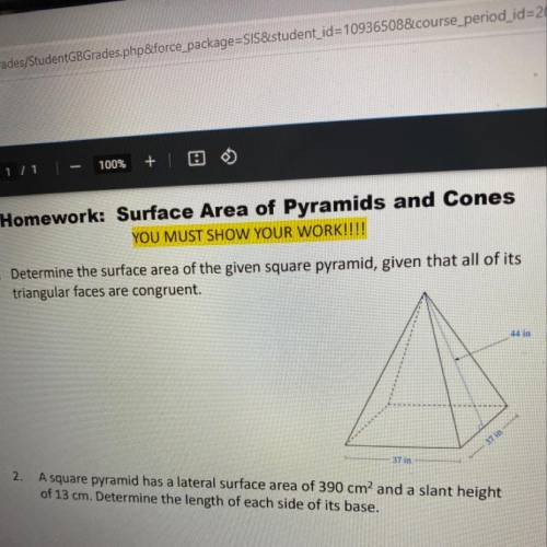 Determine the surface area of the given square pyramid give that all of its triangular faces are co
